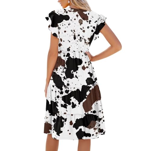 Image of Women's Casual Ruffle Sleeve Dress V Neck Pullover Dress Flowy A-Line Pleated Lightweight Dress with Pockets