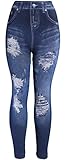 KMystic Women's Denim Print Fake Jeans Leggings (Big Rip)