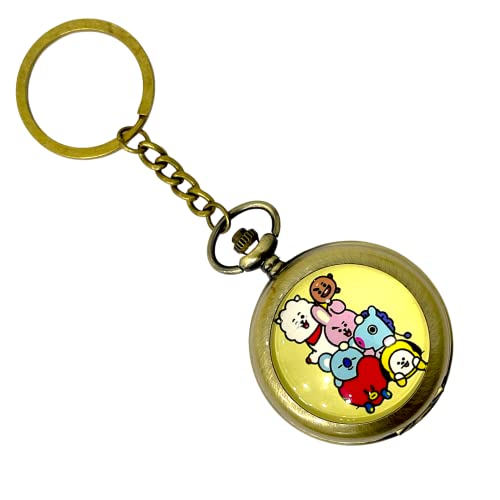 Image of AUGEN Premium Pocket Watch Metal Keychain BT21 Bangtan Boys BTS Retro Vintage for Gifting With Key Ring Anti-Rust (Pack Of 1)