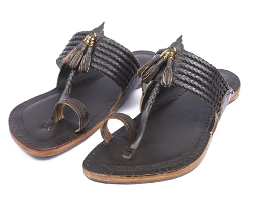 Image of KORAKARI Mens Handmade Kolhapuri Chappal Smooth and Comfortable, Stylish Durable Anti Slip Design Flip Flops Slippers Genuine Leather Traditional Indian Footwear.