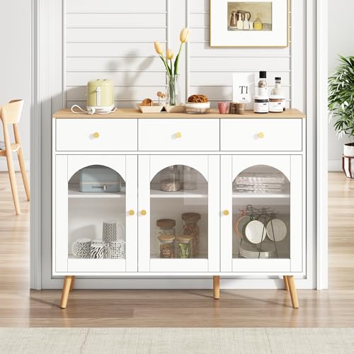 Mueble de comedor con armario de almacenamiento de 94 cm de alto con 3 cajones y 3 puertas abovedadas con cristal templado, adecuado para mesas de buffet en cocinas y restaurantes, color blanco y