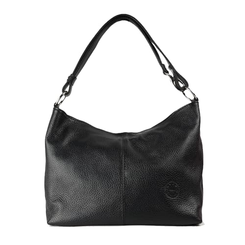 1990s Bolso bandolera mujer de piel auténtica, bolso hombro mediano de cuero, hobo con bandolera extensible. (Negro)