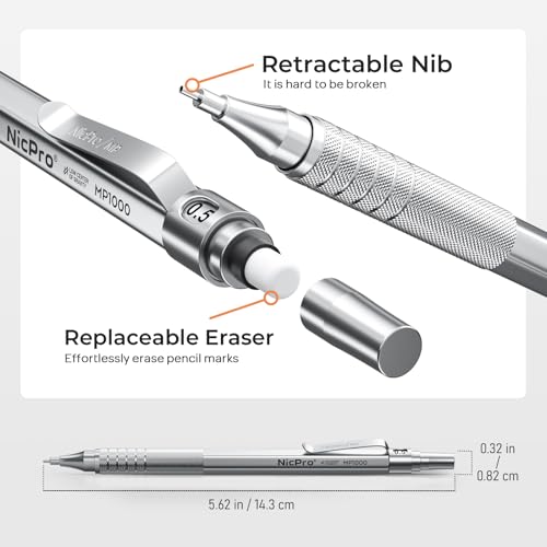 Image of Nicpro 0.5 Mechanical Pencil Set with Case, 3PCS MP1000 Metal Artist Pencil & 8 Tube HB Lead Refills 0.5mm, 3 Erasers,9 Eraser Refills For Architect Writing Drafting, Drawing, Engineering, Sketching