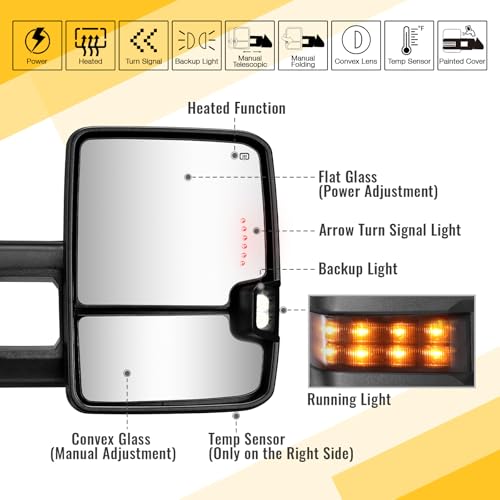 Towing Mirrors for 2014-2018 Chevy Silverado GMC Sierra 1500 2500 HD 3500 HD with Power Glass LED Arrow Turn Signal Light Backup Lamp Running Light Heated Extendable Pair Set (Black Painted) - Thumbnail 2