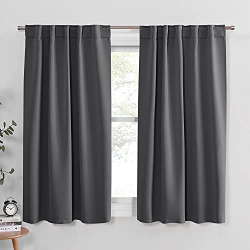 PONY DANCE Blackout Window Curtains - Short Gray Thermal Insulated Drapes Back Tab/Rod Pocket Room Darkening Panels Energy Saving for Bedroom/Bathroom, 42 W x 54 L, Grey, 1 Pair