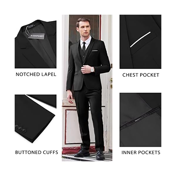 COOFANDY Men's 3 Piece Slim Fit Suit Set One Button Jacket Blazer Vest Pants Set Wedding Formal Prom Tuxedo Suits, Black, X-Large - Image 4