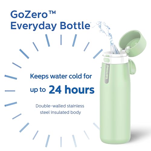 Image of Philips GoZero Everyday Water Filter Bottle With Replaceable Filter and Straw - Transform Tap Into Tastier Drinking Water - Lightweight Tritan Plastic /Stainless Steel 22 oz /18.6 oz