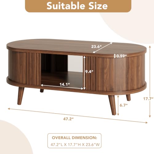 47.2" Oval Fluted Coffee Table with Storage, Fluted Mid-Century, Walnut - Image 2