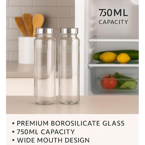Image of Glassbunny 750ml Leak-Proof Airtight Stainless Steel Lid Glass Water Bottle for Water, Smoothie, Juices - Reusable Travel Drinking Fridge Bottle Pack of 1