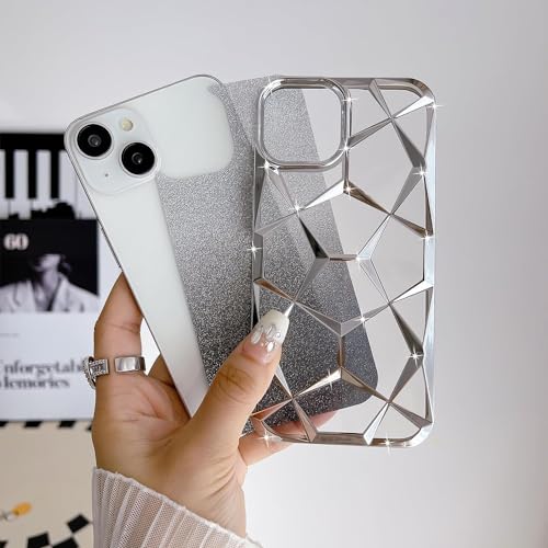 Image of VONZEE Gradient Glitter Case for iPhone 14 6.1'', Luxury Electroplated 3D Cube, Diamond Bling Shiny Soft TPU Clear Shockproof Women Girls Protective Phone Cover (Silver)