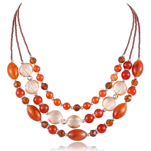 FULU AUTUMN Layered Statement Necklaces for Women Chunky Beaded Necklaces Costume Jewellery Valentines Gifts for Her(Red coffee)