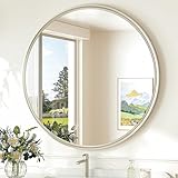 TokeShimi 30 Inch Brushed Nickel Mirror Round Tempered, Shatterproof Bathroom Vanity Mirror Circle, Metal Farmhouse Wall Mounted Mirror for Vanity, Entryway, Bedroom, Restroom, Living Room