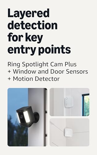 Image of Ring Spotlight Cam Plus, Battery, Black with 2 Window and Door Sensors (newest model) and Motion Detector (newest model)