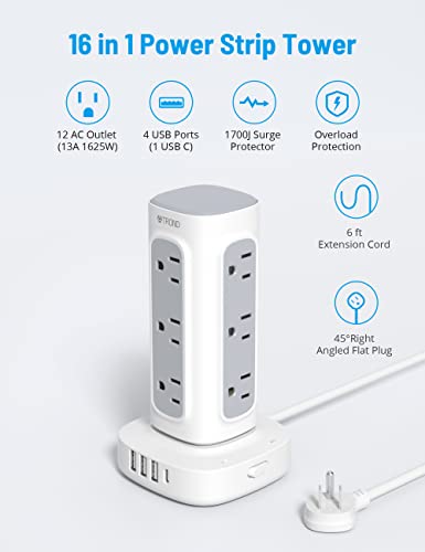 Power Strip Tower, Trond Surge Protector With 12 Widely Spaced Outlets 4 Usb Ports(1 Usb C), 6Ft Extension Cord With Multiple Outlets, Flat Plug, Desk Charging Tower For Home, Office, Dorm Essentials #TOP1