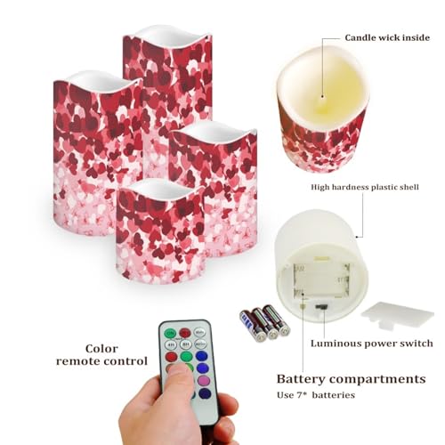 Image of Red Pink Heart Pattern Flickering Flameless Candles with Remote LED Pillar Candles Battery Operated with Timer Color Changing Electric Candles Valentine's Day Decoration