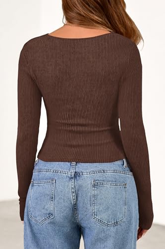 PRETTYGARDEN Women's Long Sleeve Cowl Neck Ribbed Knit Spring Shirts Slim Fit Ruched Going Out Crop Tops Basic T-Shirts - Image 6