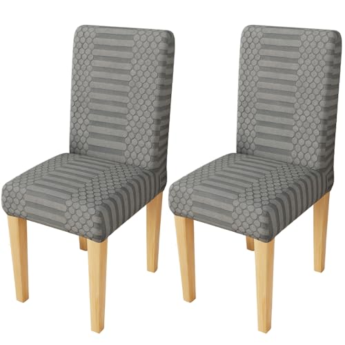 Image of Lukzer Elastic Dining Chair Cover - 2PC Pastel Dark Grey Dotted Stripe | Textured High Stretch Jacquard Seat Cover | Removable Washable Short Dining Chair Cover Protector Seat Slipcover | (CC-133-02)