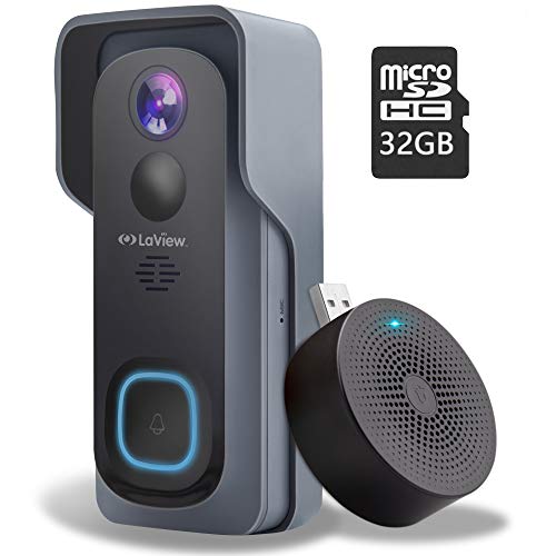 Laview WiFi Video Camera Doorbell Wireless ，Rechargeable Battery Simple Self-Installation, 32GB, 1080P Video