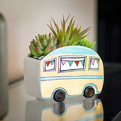 PINE AND PAINT LLC Artificial Green Succulents Plant Gift in Ceramic Camper Trailer Planter