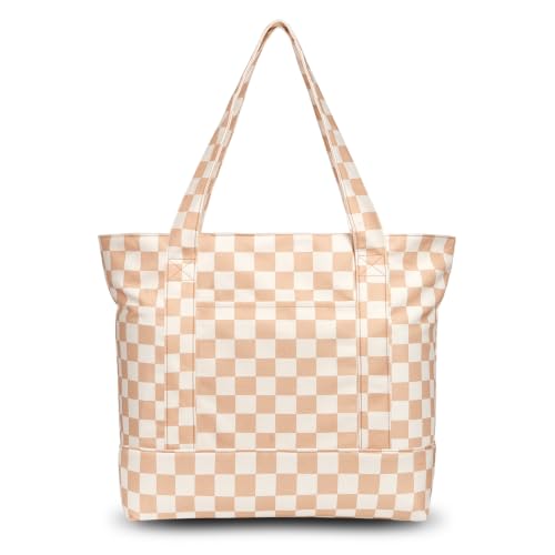 Image of TOPDesign 1-Pack Canvas Tote Bag with an External Pocket, Reusable Grocery Shopping Bag, Top Zipper Closure, Daily Essentials (Khaki Checkered)