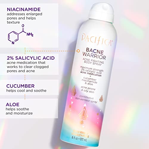 Pacifica Beauty Bacne Warrior Acne Fighting Body Spray For Body And Back, 2% Salicylic Acid, Niacinamide, Cucumber & Aloe, Sensitive Skin Approved, 100% Vegan And Cruelty Free, Clear, 6 Fl Oz #TOP1