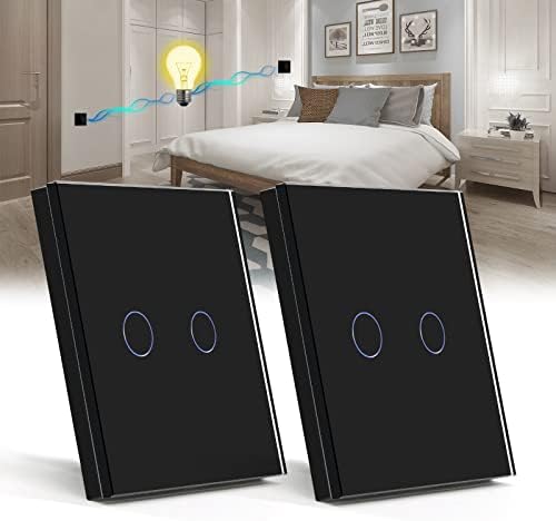 BSEED Touch Light Switch 2 Gang 1 Way, Tempered Glass Panel Light Switches with LED Indicator,Black Touch Sensitive Light Switch-No Neutral Wire 500W