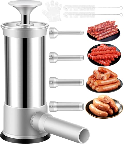 Manual Sausage Stuffer Machine with 4 Stuffing Tubes, 2.2 LBS Vertical Sausage Maker Kit, Food-Grade Stainless Steel Meat Stuffer for Homemade Sausages, Easy to Use, Kitchen Tool for Home Cooking