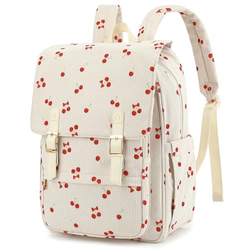 Lroiutian Mochila para laptop de veludo cotelê para mulheres e meninas, mochila universitária de 15,6 polegadas, vintage, mochila de trabalho para o ensino médio, Laço cereja bege, Large