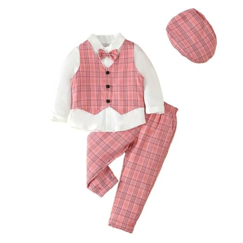 Lito Angels Conjunto de Chaleco Traje a Cuadros Ropa de Boda Formal Ceremonia con Sombrero para Niños Talla 7 años, Rojo