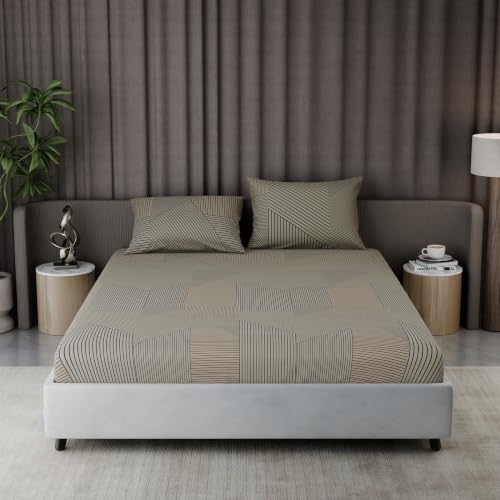 Image of BLISSHOME Everlast 150TC King Size Fitted Bedsheet with 2 Pillow Covers, Aesthetic Bedding, Wrinkle Resistant, 100+ Wash Durable, Quick Dry, Geometric Pattern - Beige (183cm x 198cm + 25cm Drop)