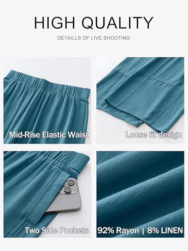 ANRABESS Women's Wide Leg Linen Pants Summer Boho Casual Elastic Waist Long Lounge Travel Pants Trousers with Pockets Lake Blue Large