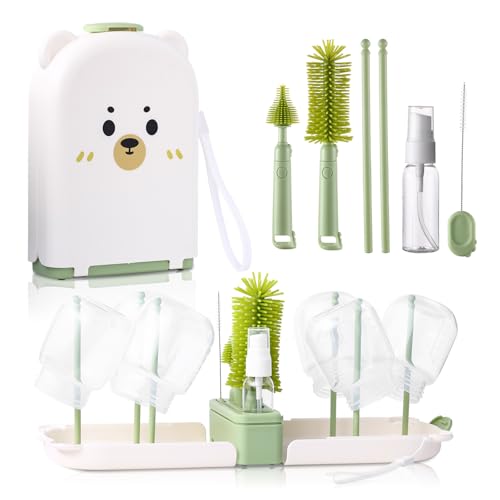 Image of Baby Bottle Cleaner Brush Set Bottle Cleaner Brush Set Portable Bottle Cleaning Kit Set Silicone Brush, Nipple Brush, Straw Brush, Dispense Detergent Dispenser, Drying Rack - 6 in 1