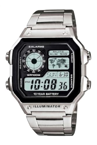 Image of Youth Digital Watch D099 AE-1200WHD-1AVDF for Men & Boys, Black Digital Dial with Silver Metal Strap, Multifunction Display, World Time Style