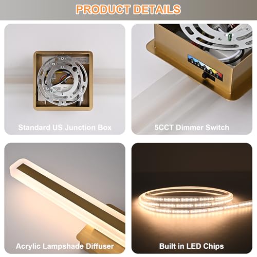Image of Modern Bathroom Vanity Light 24.0 Inch, 28W 5CCT Dimmable LED Vanity Light Bar, Brushed Brass LED Wall Sconces Bath Lighting Fixtures Over Mirror for Bathroom Cabinets Bedroom Living Room