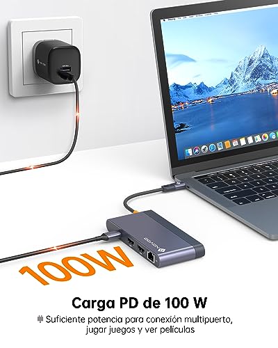 Docking Station para portátil Dual Monitor - Adaptador multipuerto USB C 8 en 1 con 2 HDMI 4K 60Hz, 1Gbps Ethernet, 100W PD, 2 USB 3.2, Lector de Tarjetas SD TF Compatible con MacBook/DELL/HP/Lenovo - imagen 6