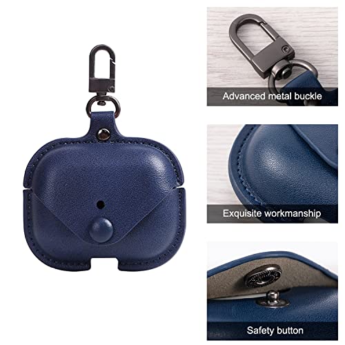 Image of Genuine Leather Case Compatible with AirPods Pro 3rd Gen (2025), VOMA Protective Cover for Apple AirPods Pro 3 Wireless Charging Case with Keychain and Snap Lock Navy Blue