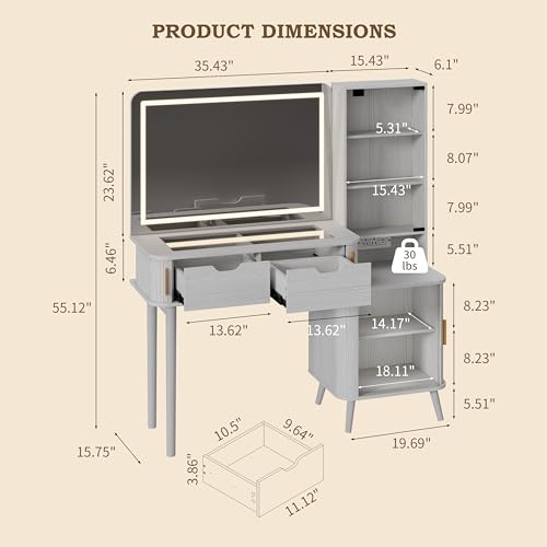 Image of 51 inch Fluted Makeup Vanity Desk with 4 Drawers & Adjustable Shelves,Dressing Table with Mirror and Lights, Large Vanity with Glass Top and Power Outlet for Bedroom (White)