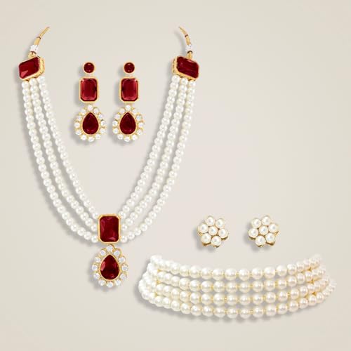 Image of Peora Traditional Maharani Haar Necklace with Earrings Bridal Jewellery Set Gift for Women