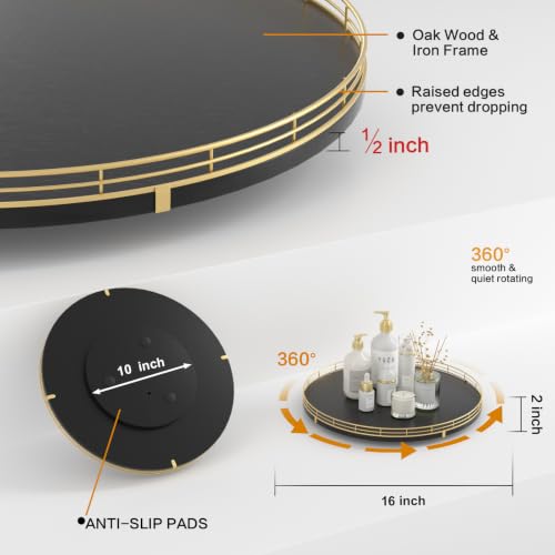 Image of Oroyutor 16-Inch Oak Lazy Susan Organizer with Gold Rail and Black Finish | Oak wood base, gold metal rail and smooth 360-degree rotation for dining tables, kitchen counters and spice storage.