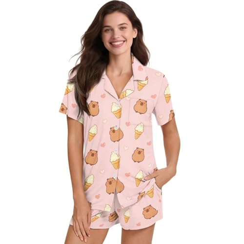 Image of Women's Short Sleeve Sleepwear Button 2 Piece Plus Size Pajamas Casual Soft Stretchy Funny Nightwear with Pockets