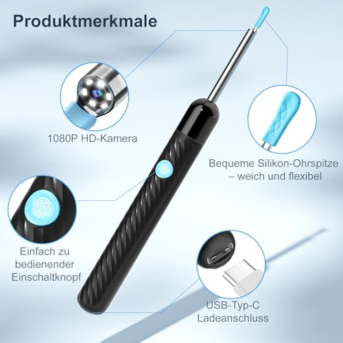 Ohrenschmalz Entferner Otoskop – 1080P HD Ohrenreiniger mit Kamera und 6 LED Lichtern – Ohrreinigungswerkzeug mit 7-teiligem Zubehörset und 11 Silikonaufsätzen – Ohrkamera für iOS & Android