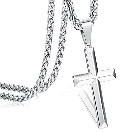 Morfetto Collar de Cruz de Plata de Ley 925 para Hombres y Mujeres, Acero Inoxidable de 3 MM, Cadena de Trigo Duradera y Resistente, Collar de Crucifijo con Borde Biselado, Joyería de 16-30 Pulgadas Cover