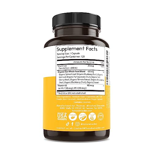 Thomas' All-Natural Remedies D3 + K2 With Mct Oil For Better Absorption & Raw Whole Food Blend, 1000 Iu D3, Vegan, Made In Usa, Support For Your Heart, Bones & Teeth, Non-Gmo (120Ct) #TOP4