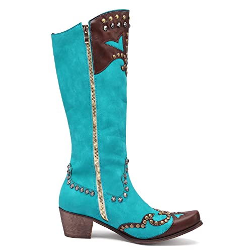Image of YIYA Women's Star Cowboy Boots Black and White Cowgirl Boots with White Stars Pointed Toe Chunky Low Heel Pull-On Wide Calf Western Embroidered Boots
