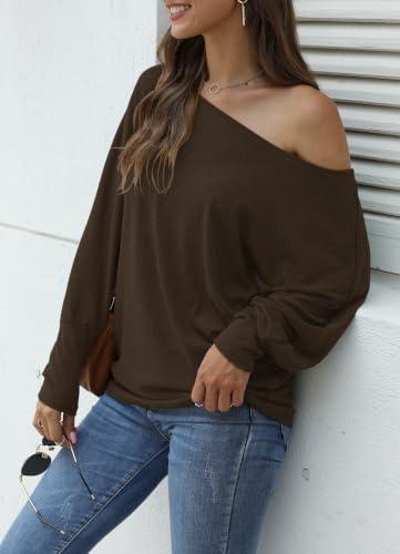 Image of Aifer Women's Off The Shoulder Tops Sexy Long Sleeve Shirts Oversized Fashion Casual Batwing Sweaters Pullover Tunic Tops