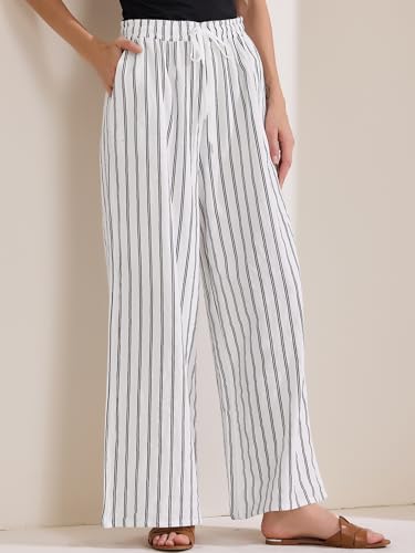 Allegra K Women's Casual Drawstring Stripe Pants Wide Leg High Waist Cotton Loose Pants2