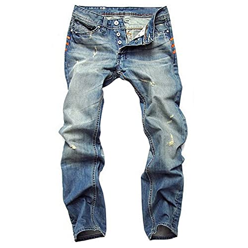 Men's Ripped Slim Casual Distressed Denim Pants Fit Straight with Zipper Jeans Skinny Retro Stretch Jean Trousers (Light Blue,28)