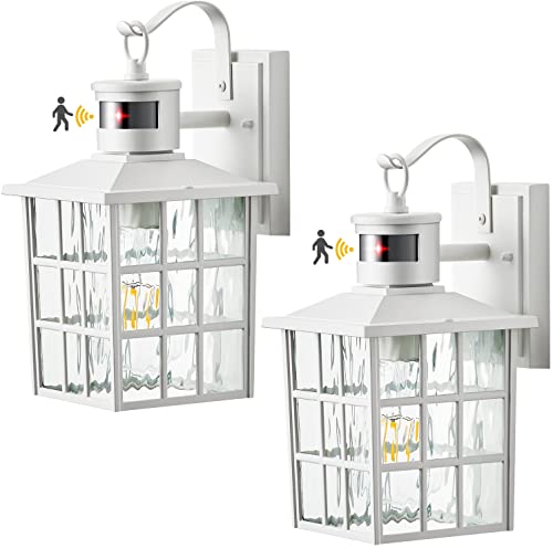 Vianis White Motion Sensor Outdoor Wall Lantern, 2-Pack Dusk To Dawn Exterior Light Fixture, Anti-Rust Waterproof Outdoor Sconces Wall Lighting With Tempered Glass For House Front Porch Garage #TOP16