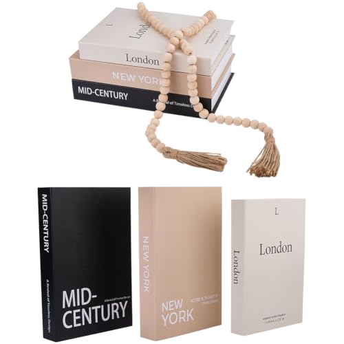 DICOSMETIC 3Pcs Decorative Books for Home Decor Faux Books for Decoration Coffee Table Book Decor Stacked Book Home Decoration with 1Pc Wood Beaded Pendant（London/New York/Mid-Century）