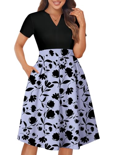 Image of YATHON Womens Elegant Print Notched Neck Slant Pocket Pleated Hem Casual A-Line Dress
